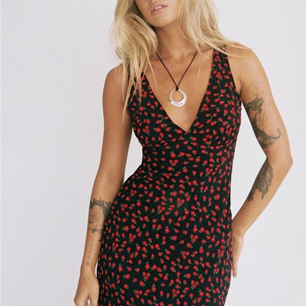 Princess Polly Black Dress with Red Floral Pattern